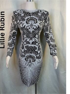 Lillie Rubin Vintage Black White Sequin Beaded Silk Cocktail Dress Size S